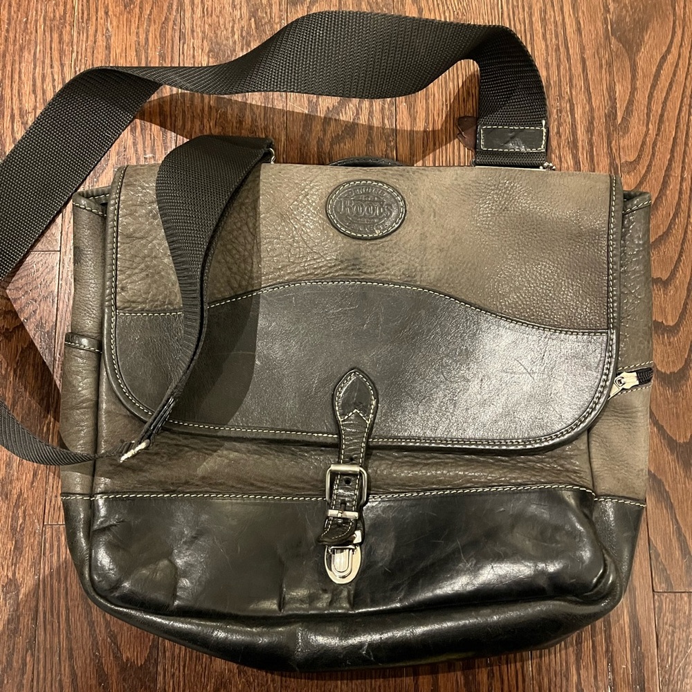 Roots Black Leather Messenger Bag with Nylon Strap